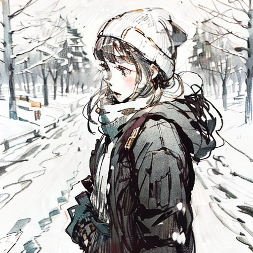 a woman walking down a snow covered street next to a forest filled with trees and a bench covered in snow