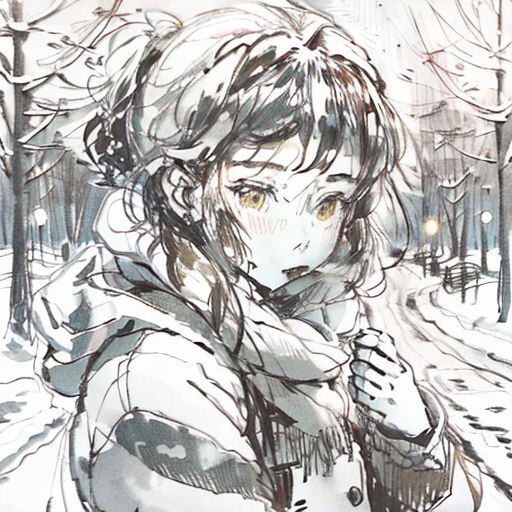 a drawing of a girl in the snow with a coat on her shoulders and a coat on her shoulder