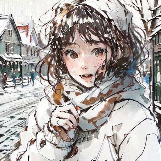 a woman in a white coat and scarf standing in the snow with a snowy street in the background and a train on the tracks