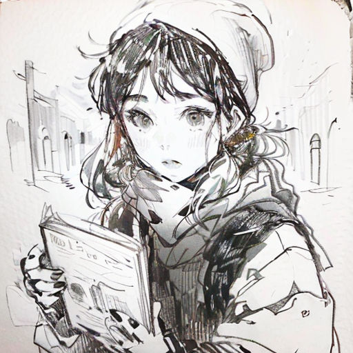a drawing of a girl reading a book in a city street with a building in the background and a person holding a book