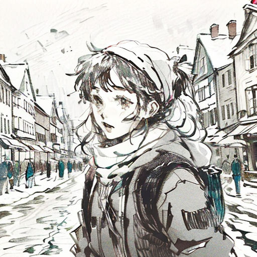 a drawing of a woman walking down a street in the snow with a backpack on her back and a red umbrella