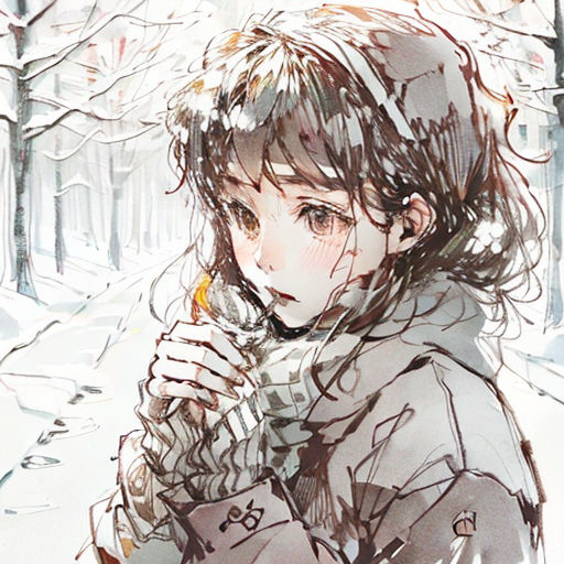 a girl in a snowy forest holding a cell phone to her ear and looking at the camera with a snowy background