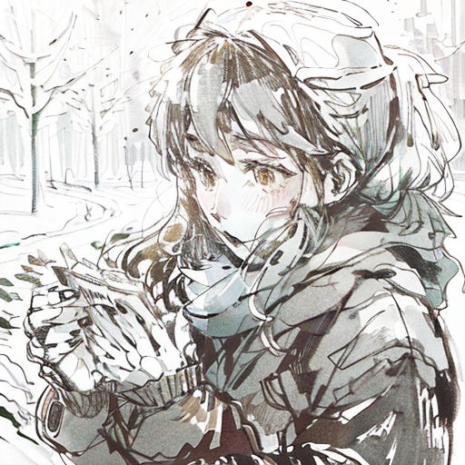a drawing of a woman holding a cell phone in her hand and looking at her phone screen while standing in the snow