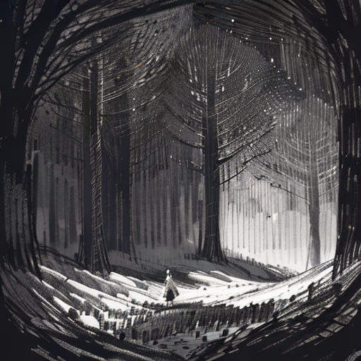 a drawing of a person walking through a forest with trees and snow on the ground, with a person walking in the distance