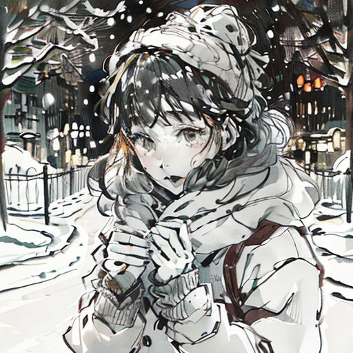 a woman in a winter coat is standing in the snow with her hands on her chest and a snowy night in the background