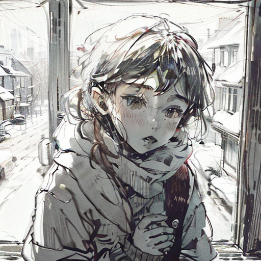 a drawing of a woman sitting in a window sill looking out the window at the snow outside of her house