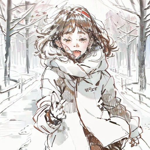 a drawing of a girl in the snow with her arms around her neck and a hand on her hip