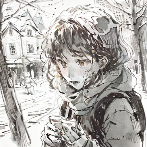 a drawing of a woman holding a cup of coffee in the snow with a snowy street in the background