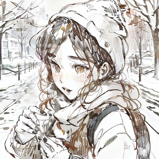 a drawing of a girl in the snow with a scarf around her neck and a hat on her head
