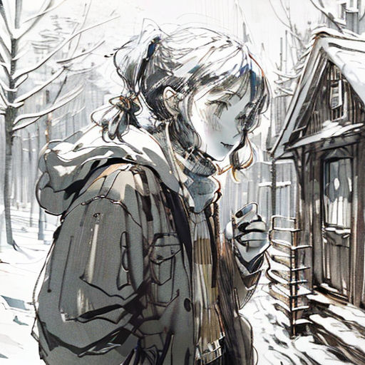 a woman standing in the snow next to a house with a cell phone in her hand and a house in the background