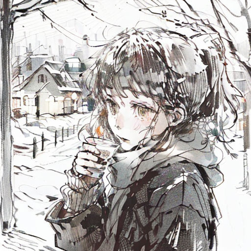 a drawing of a woman standing in the snow holding a cell phone to her ear and looking out a window
