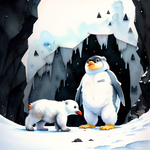 a penguin and a polar bear standing in a cave with ice formations in the background and snow on the ground