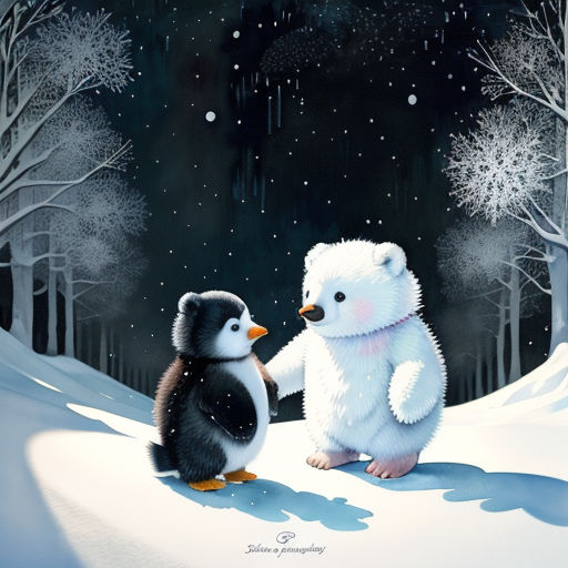 a painting of a penguin and a polar bear in the snow with trees in the background and snow falling on the ground