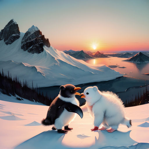 two small penguins standing on a snowy hill with a mountain in the background and a sunset in the sky