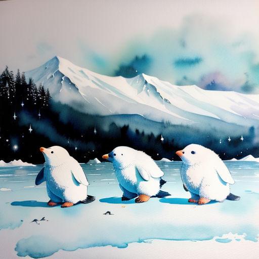 a painting of three penguins walking in the snow with a mountain in the background and stars in the sky