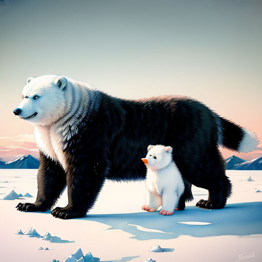a polar bear and a baby bear standing in the snow together, with mountains in the background, and a pink sky