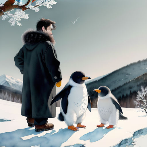 a man standing next to two penguins in the snow with a mountain in the background and a tree in the foreground