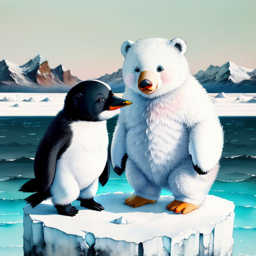a penguin and a polar bear standing on an iceberg in the ocean with mountains in the background and a polar bear on the ice