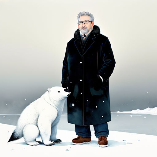 a man standing next to a white polar bear on a snow covered ground with a sky background and a gray sky