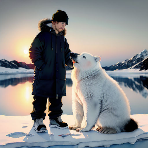 a man standing next to a polar bear on top of snow covered ground next to a lake and mountains