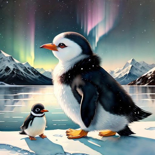 a penguin and a penguinling standing on a snowy surface with an aurora light in the background and a mountain range in the foreground
