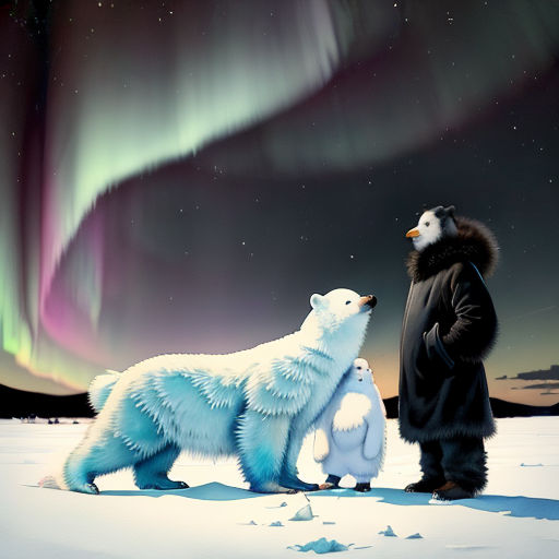 a man standing next to a polar bear and two other animals in the snow with an aurora light in the background