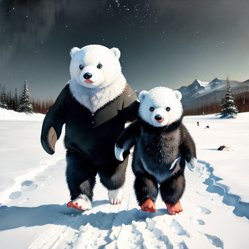 two bears are walking in the snow together, one is wearing a black suit and the other is wearing a white bear costume