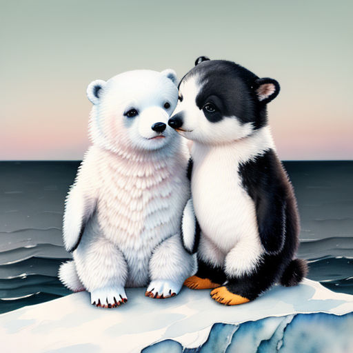 a couple of animals that are standing on some icebergs in the water and one is kissing the other