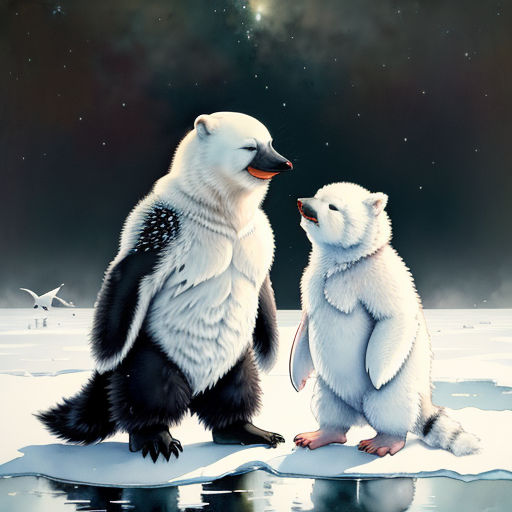 two polar bears standing on ice with stars in the background and a polar bear looking at each other with a polar bear looking at the other