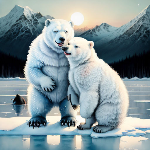 two polar bears standing on ice with mountains in the background and a lake in the foreground with a polar bear cub