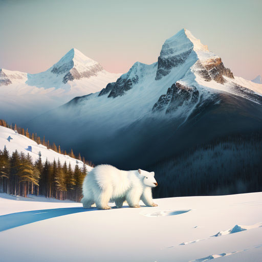 a polar bear walking across a snow covered field next to a mountain range with trees and snow covered mountains