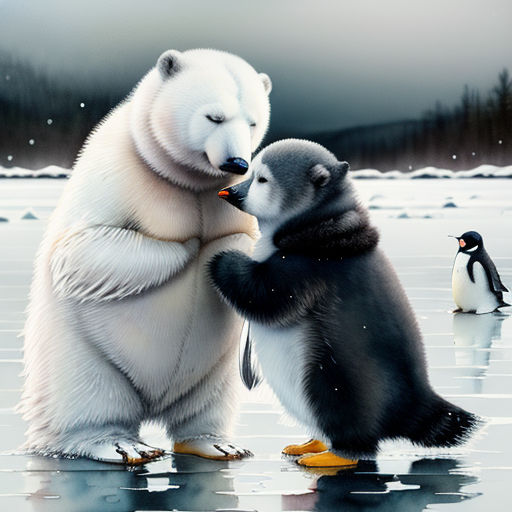 two polar bears are playing with a penguin on the ice with a penguin on the ground behind them,