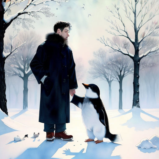 a man standing next to a penguin in the snow with trees in the background and a bird flying by