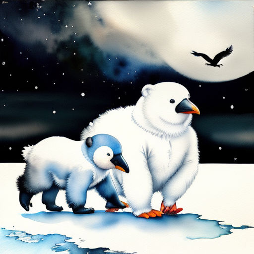 a polar bear and a penguin are standing in the snow with a full moon in the background and a bird flying overhead