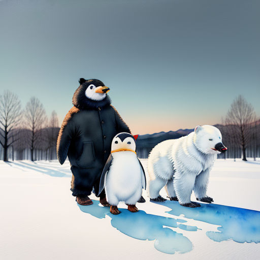 a penguin and a penguin standing next to each other in the snow with a penguin on the ground next to them