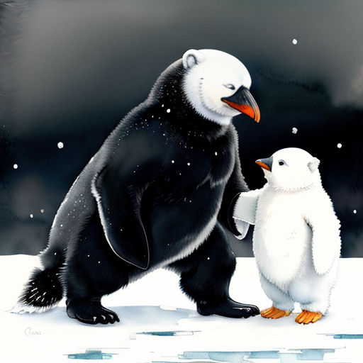 a penguin and a penguinling standing in the snow together, with a dark background and a snowy sky
