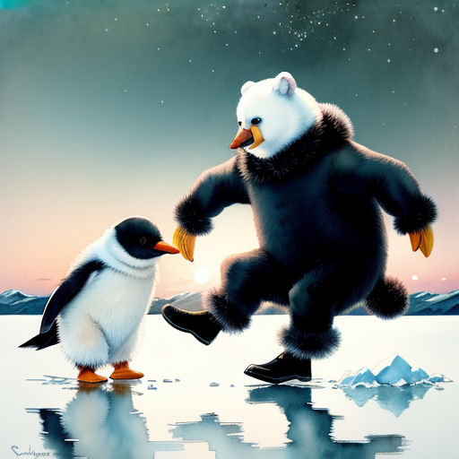 a penguin and a penguin bear are dancing on ice with a star in the background and a polar bear in the foreground