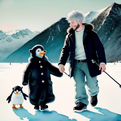 a man and a penguin are walking in the snow together, holding hands and smiling at each other,
