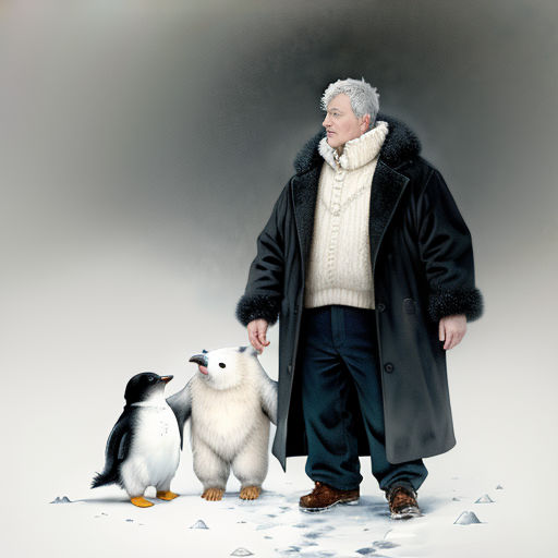 a man standing next to two penguins in the snow with a coat on and a scarf on his head