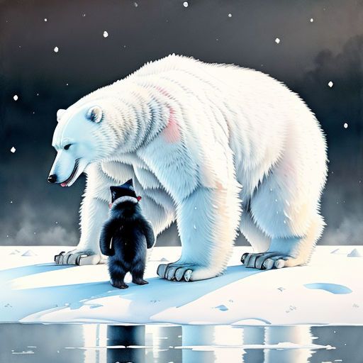 a polar bear and a cub standing on a snow covered surface with a night sky in the background and stars in the sky