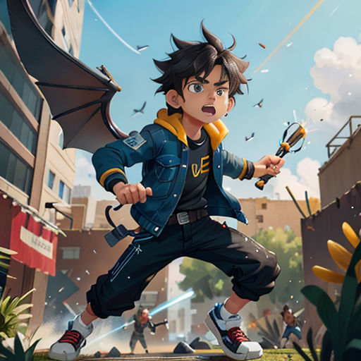 a boy with a bat in his hand and a gun in his hand in front of him, in a cartoon