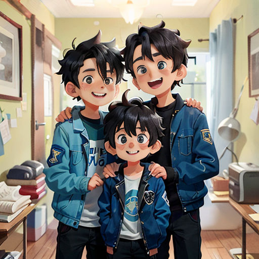 three boys are standing in a hallway together and smiling at the camera, with a hallway in the background