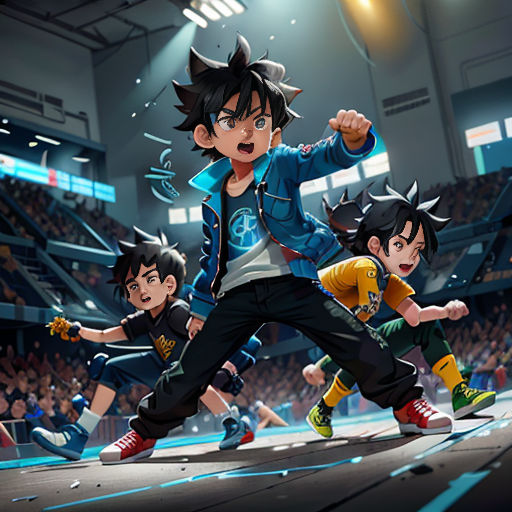 a group of young men in a stadium with a crowd watching them in the background and a cartoon of a boy in a blue jacket