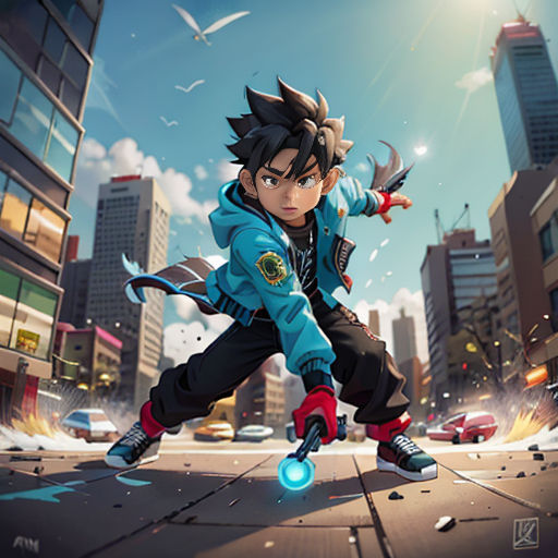 a young man in a blue jacket is playing with a ball in a city street with tall buildings and a blue sky