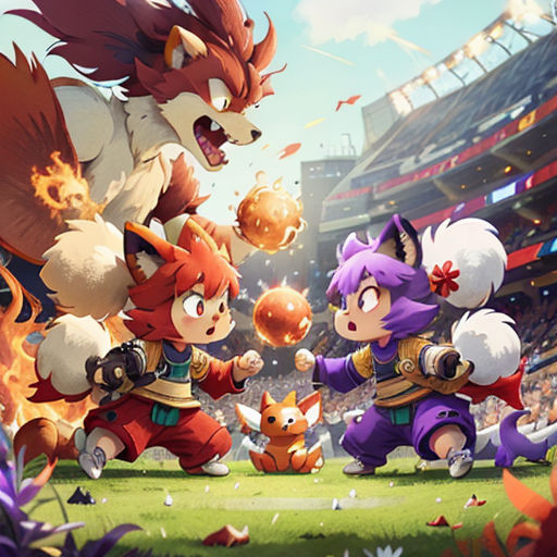 a group of cartoon characters playing a game in a stadium with a crowd of people watching them from the stands
