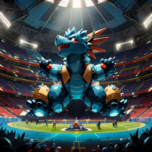 a large blue dragon statue in a stadium with people watching it from the stands and a soccer field in the background