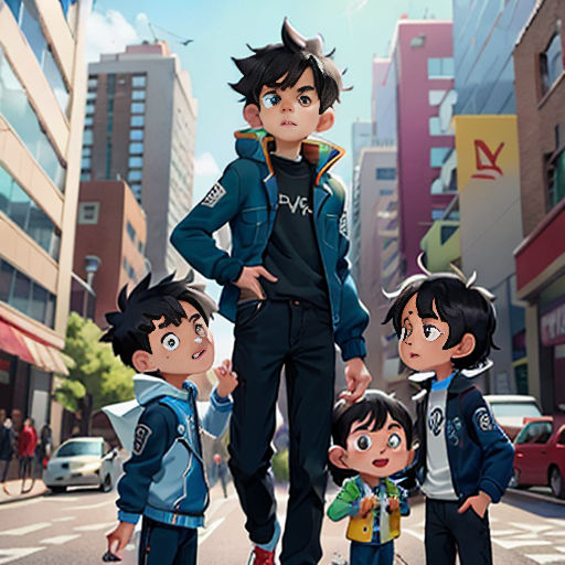 a group of children standing on the side of a road in front of a cityscape with buildings