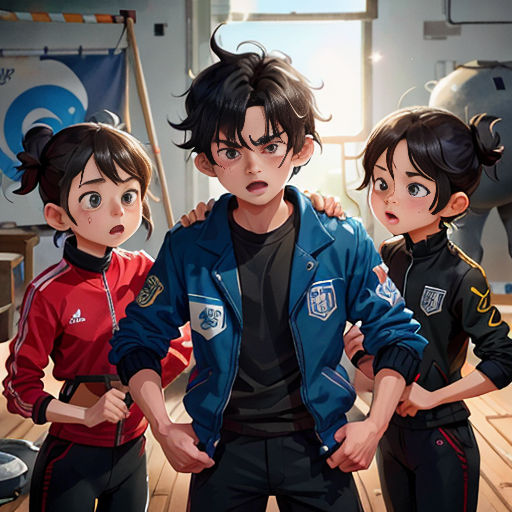 a group of people standing next to each other in a room with a wooden floor and a wall with a painting of a boy and girl