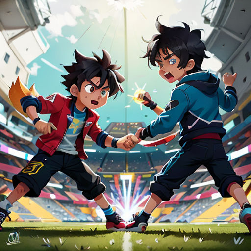 two young boys playing a game of soccer in a stadium with a stadium background and a stadium full of people