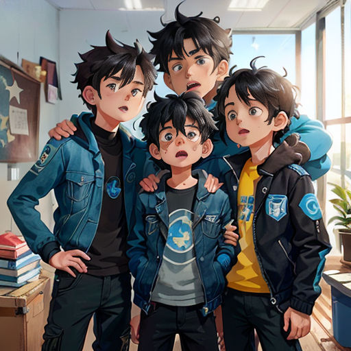 a group of young boys standing next to each other in a room with a window and a plant in the corner